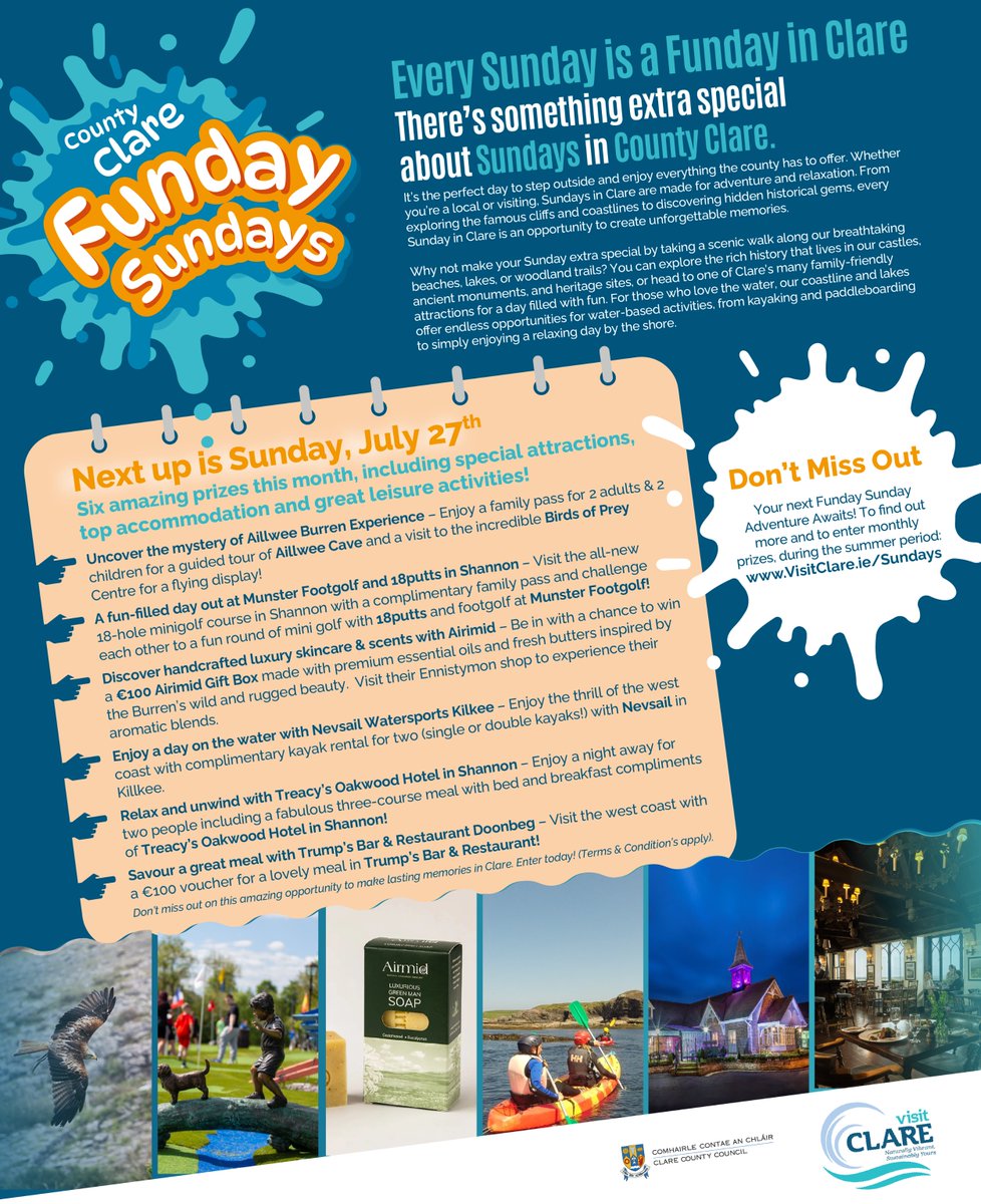 Every Sunday is a Funday in Clare 💛💙 Whether you're soaking up the sun or chasing family fun, Sundays here are magical. Clare offers something for everyone, locals and visitors alike.🌍 Make unforgettable memories this July. Learn more and win prizes at VisitClare.ie/Sundays