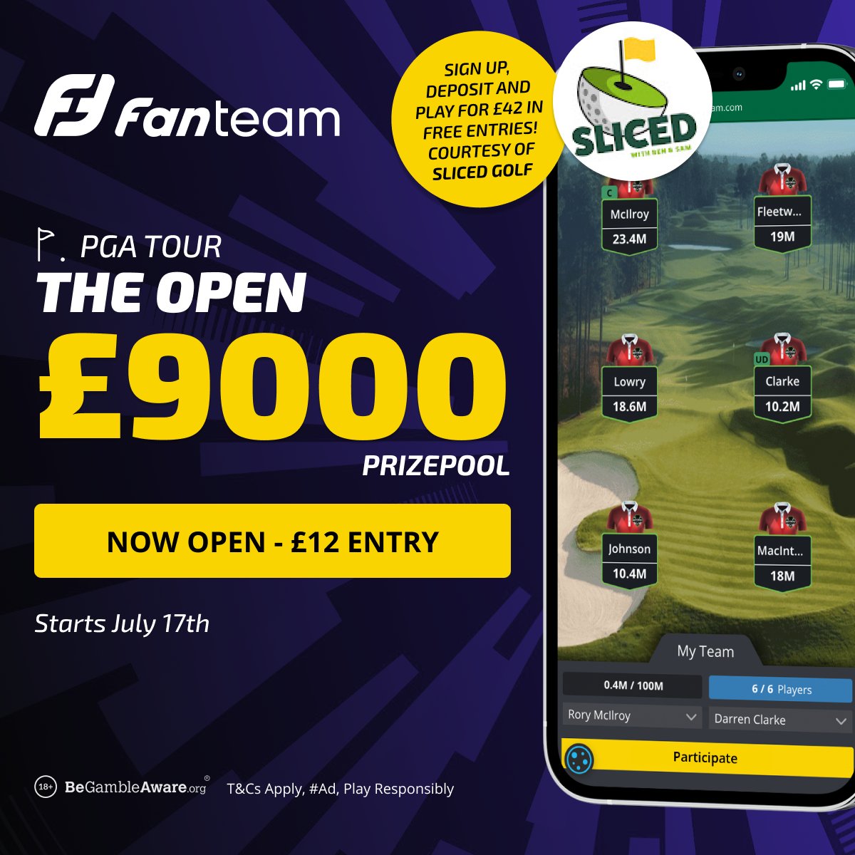 slicedpod's tweet image. Exclusive to Sliced, get a free £12 FanTeam entry for this week's Open Championship when you sign up and make a deposit.
Prize pool of £9,000 up for grabs.
fanteam.com/aff/l/slicedgo…