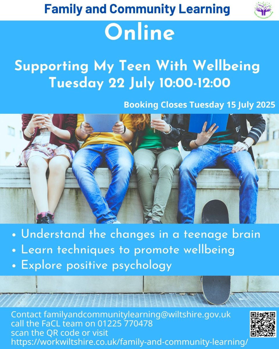 WorkWiltshire's tweet image. Got a teen at home and not sure on how to support their wellbeing? Join family & community learning’s “Supporting My Teen” workshop!
🗓️ Tues 22 July
⏰ 10am–12pm
🎯 For parents & carers of teens (12+)
🚨 Booking closes 15 July – grab your spot now!
📱 Scan QR code