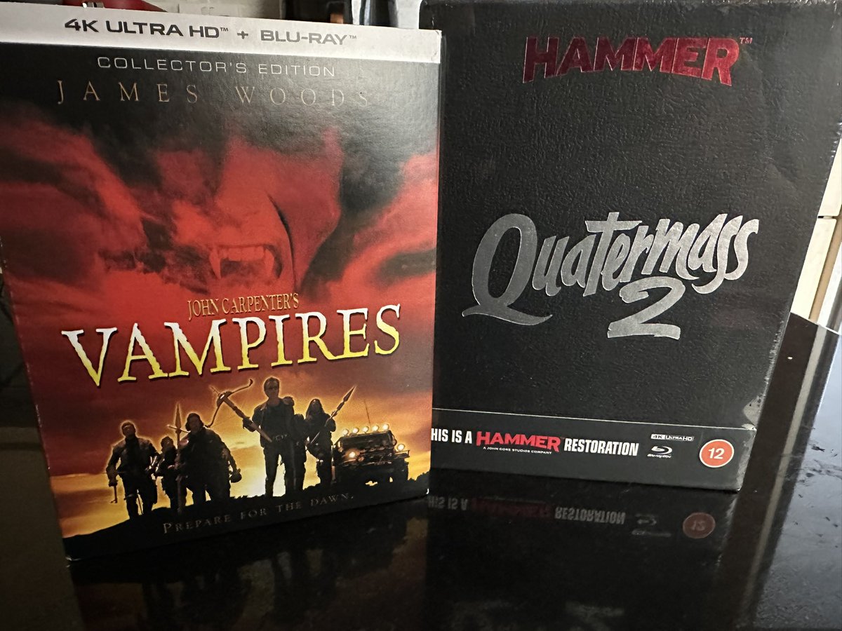 2 of my favourite films on UHD disc just arrived.😎
John Carpenter’s Vampires with James Woods at his best as the coolest and hippest vampire hunter on the planet.

Quatermass 2 is the sequel to the Quatermass Xperiment and sees the intrepid scientist battling an alien invasion.