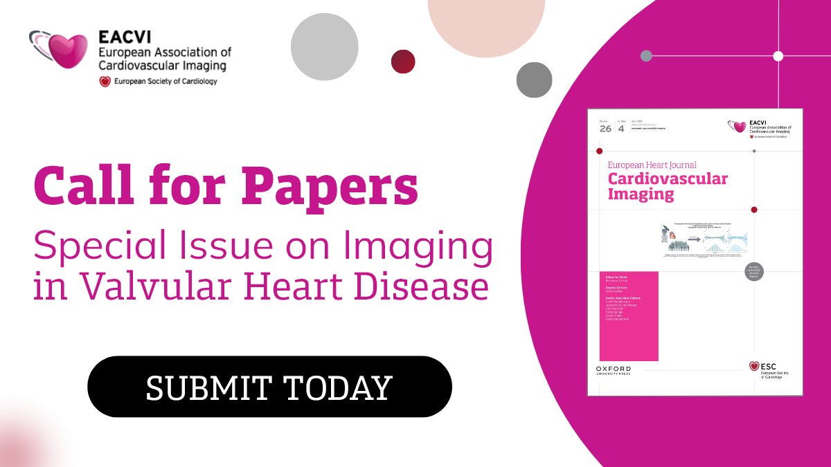 The EHJ-CI is now accepting papers for its special issue on Imaging in Valvular Heart Disease. Deadline: 31 July 2025. 

Submit your work to contribute to a high-impact collection: oxford.ly/4loyt8R 
#CallForPapers @‌escardio