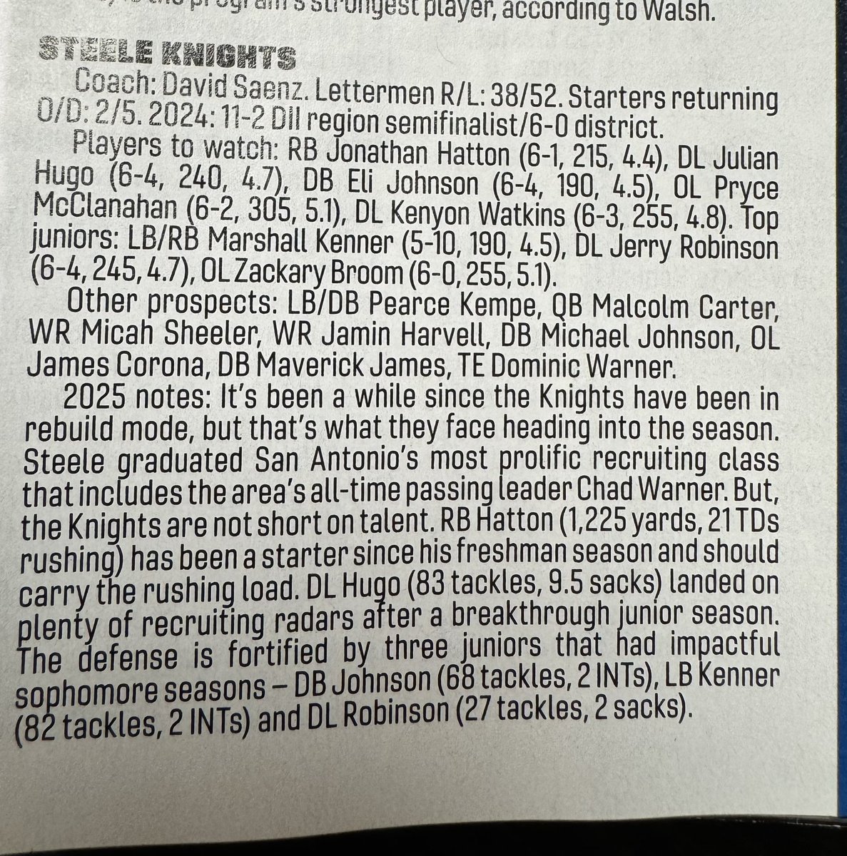 R.L. Martin (@_rl_martin) on Twitter photo The <a href="/Football_Steele/">Cibolo Steele Football</a> Knights are reloaded and ready for the next run.
With a long list of top tier athletes that left, they have restocked.
π¨PLAYERS TO WATCHπ¨
<a href="/Ju1ianHugo/">Julian Hugo</a>
<a href="/JHattonJr28/">Jonathan Hatton Jr</a>
<a href="/prycemcclan77/">Pryce McClanahan</a>
<a href="/SheelerGreat28/">Micah Sheeler</a>
<a href="/johnson_Eli19/">Eli Johnson</a>
<a href="/Beast24Mj/">Marshall βMJβ Kenner Jr.</a>
<a href="/kwatkins89_/">Kenyon Watkins</a> The <a href="/Football_Steele/">Cibolo Steele Football</a> Knights are reloaded and ready for the next run.
With a long list of top tier athletes that left, they have restocked.
π¨PLAYERS TO WATCHπ¨
<a href="/Ju1ianHugo/">Julian Hugo</a>
<a href="/JHattonJr28/">Jonathan Hatton Jr</a>
<a href="/prycemcclan77/">Pryce McClanahan</a>
<a href="/SheelerGreat28/">Micah Sheeler</a>
<a href="/johnson_Eli19/">Eli Johnson</a>
<a href="/Beast24Mj/">Marshall βMJβ Kenner Jr.</a>
<a href="/kwatkins89_/">Kenyon Watkins</a>
