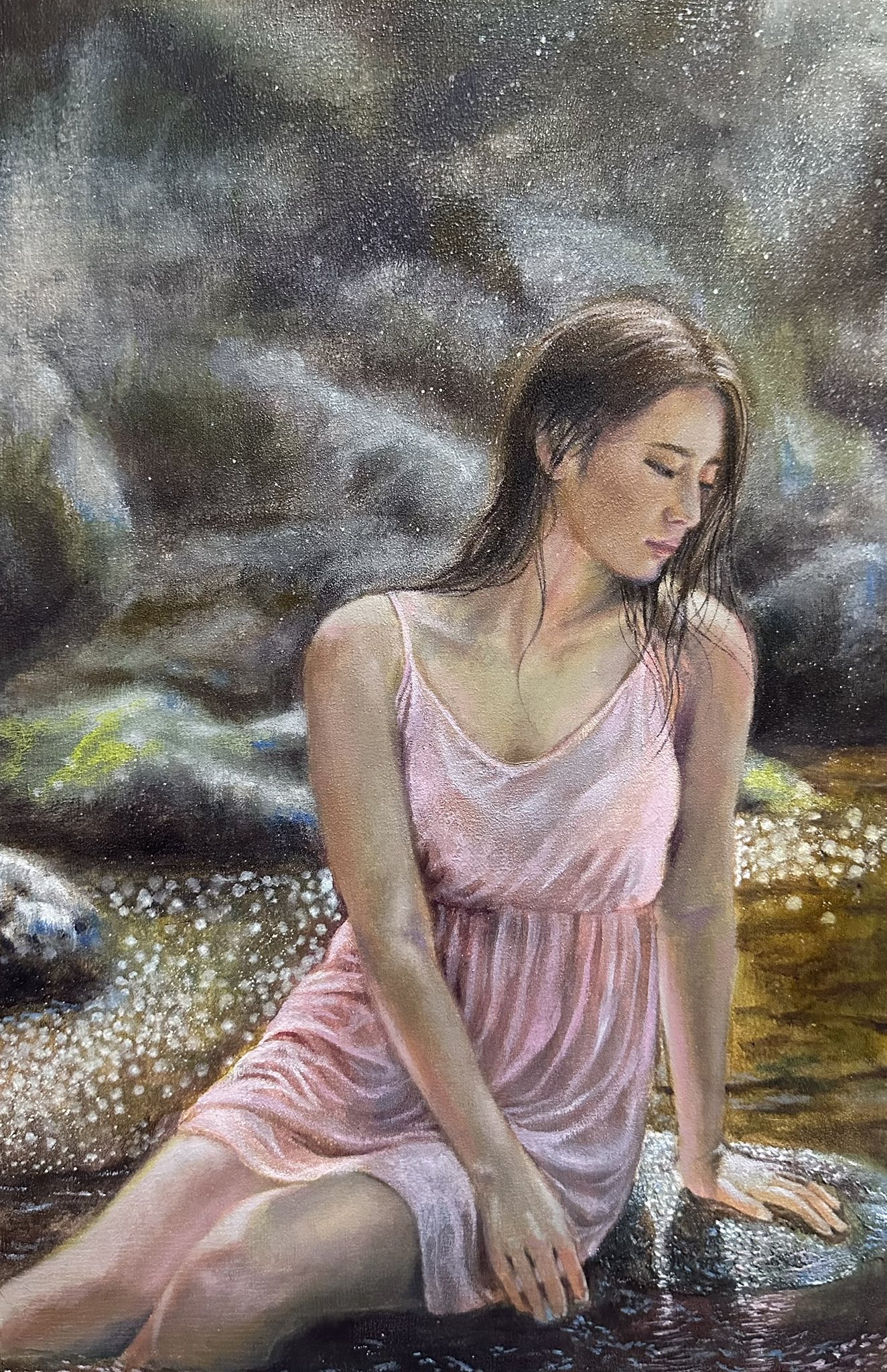 【真作】絵画　水落たけ乃　油彩8号　初夏　青き装いの麗人　和装美人画　U176 真作】絵画 水落たけ乃 油彩8号 初夏 青き装いの麗人 和装美人画