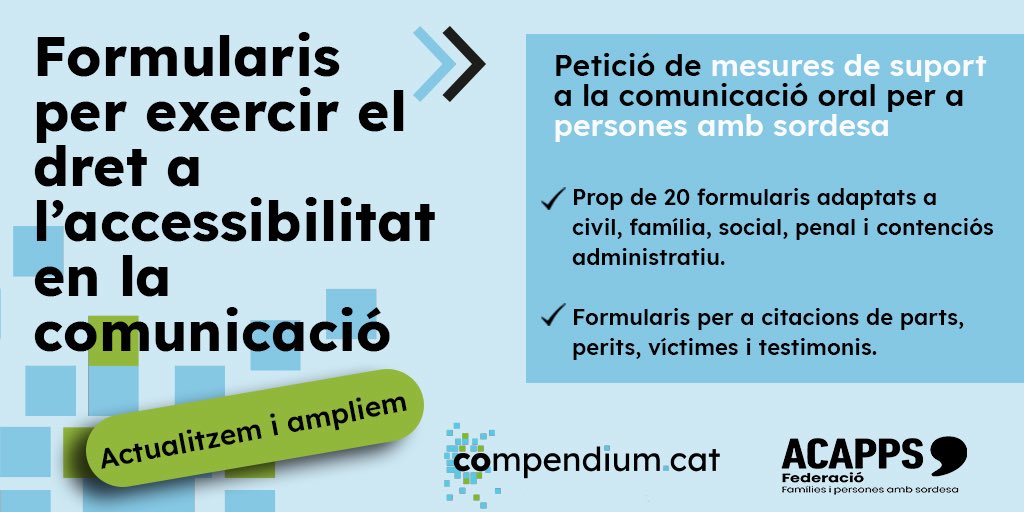 ⚖️ A Compendium.cat incorporem nous formularis per demanar mesures de suport a la comunicació oral per a persones amb sordesa

🔄 Amb <a href="/federacioacapps/">ACAPPS</a>, actualitzem i ampliem els recursos per garantir l’accessibilitat en la pràctica jurídica

🔗 compendium.cat/formularis-acc…