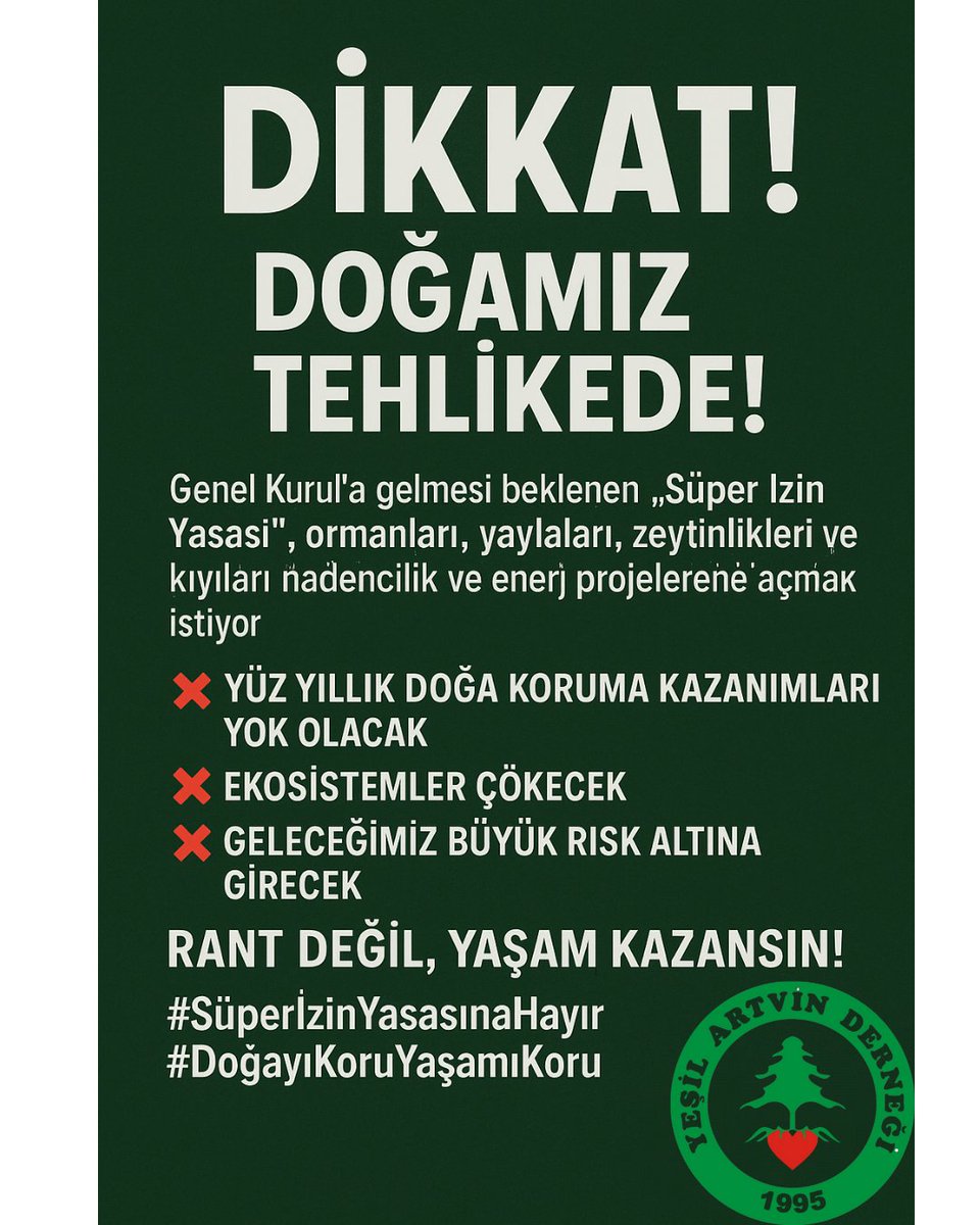 🌿 Süper İzin Yasası doğayı, yaşam alanlarımızı ve ortak geleceğimizi tehdit ediyor.  

 Çağrımız net:  

Bu yasa durdurulmalı!  
Rant değil yaşam kazansın.  

#DoğayaSesVer #SüperİzinYasasıDurmalı