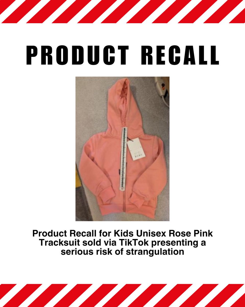 SuffolkTS's tweet image. Product Recall for Kids Rose Pink Tracksuit sold via TikTok. The product presents a risk of strangulation as the decorative cords exceed the maximum permissible length.
TikTok seller: Stylerunway
Stop using this product immediately & contact the TikTok seller to request redress.