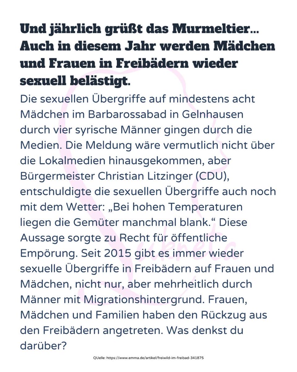 Lukreta_'s tweet image. Wir von Lukreta fordern Konsequenzen statt Prävention! Dass es vermehrt zu sexuellen Übergriffen kommt, liegt nicht an den "hohen Temperaturen", sondern an "Männern", die vermutlich nie einen anderen Umgang mit Frauen und Mädchen gelernt haben.
👉🏼 www1.wdr.de/nachrichten/de…