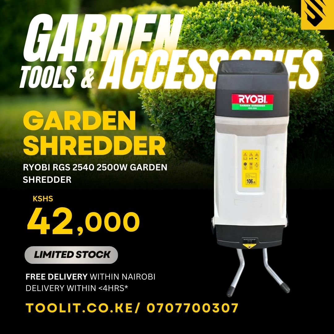 toolithub's tweet photo. Shred garden waste with ease! The Ryobi RGS-2540 Shredder (2500W, 45mm max cut, 40L bag) is your go-to for efficient mulching. Get yours now at https://t.co/ybsuR2hRcV #Ryobi #GardenPower #toolitkenya https://t.co/bOSc7QFuYT