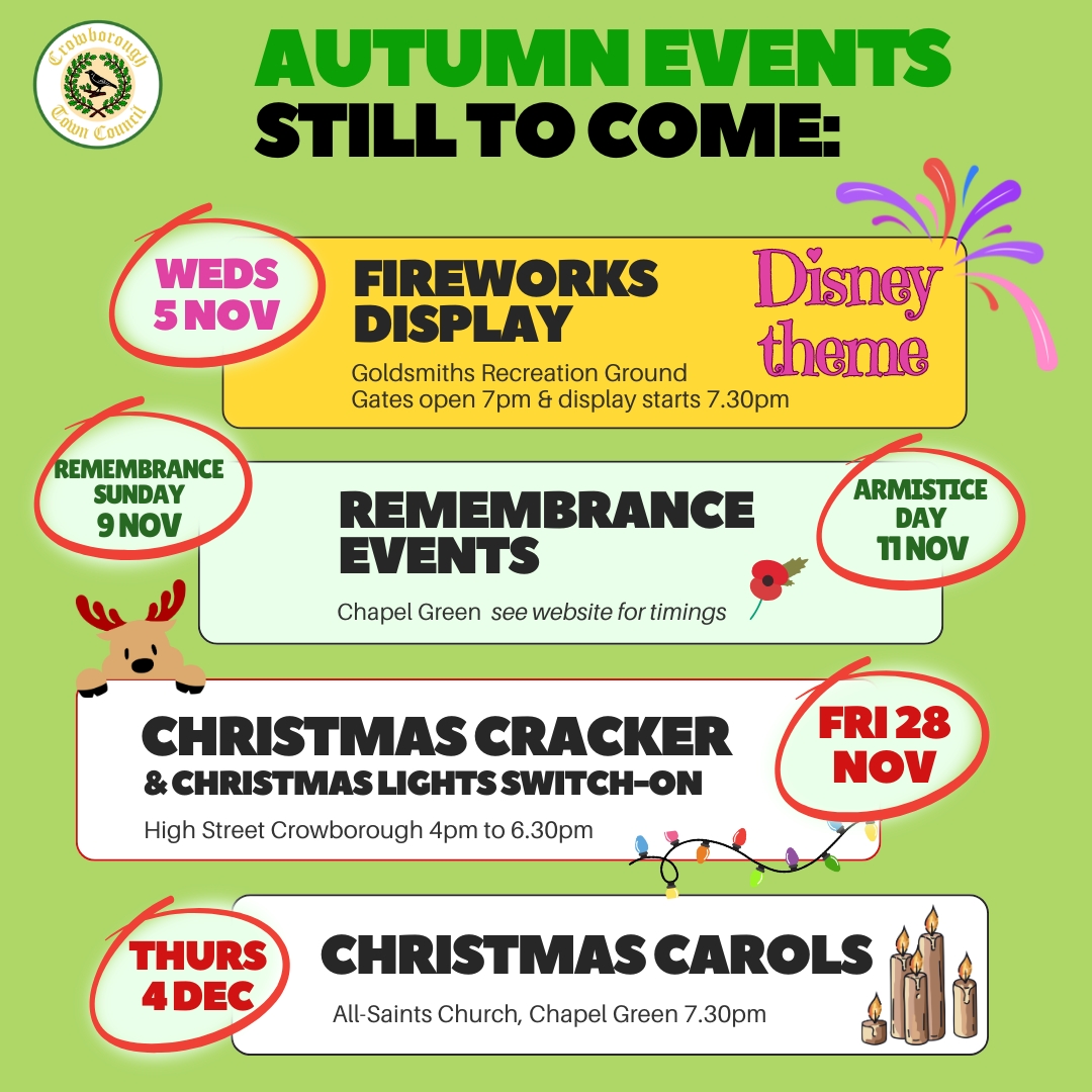 CrowboroughTC's tweet image. 📣EVENTS  COMING UP
After a sweltering summer fair at the weekend, our summer events are now over but we still have our autumn &amp;amp; winter events to look forward to.

All our community events are free to attend. Make a note in your diary &amp;amp; spread the word!

👉crowboroughtowncouncil.gov.uk/whats-on/counc…