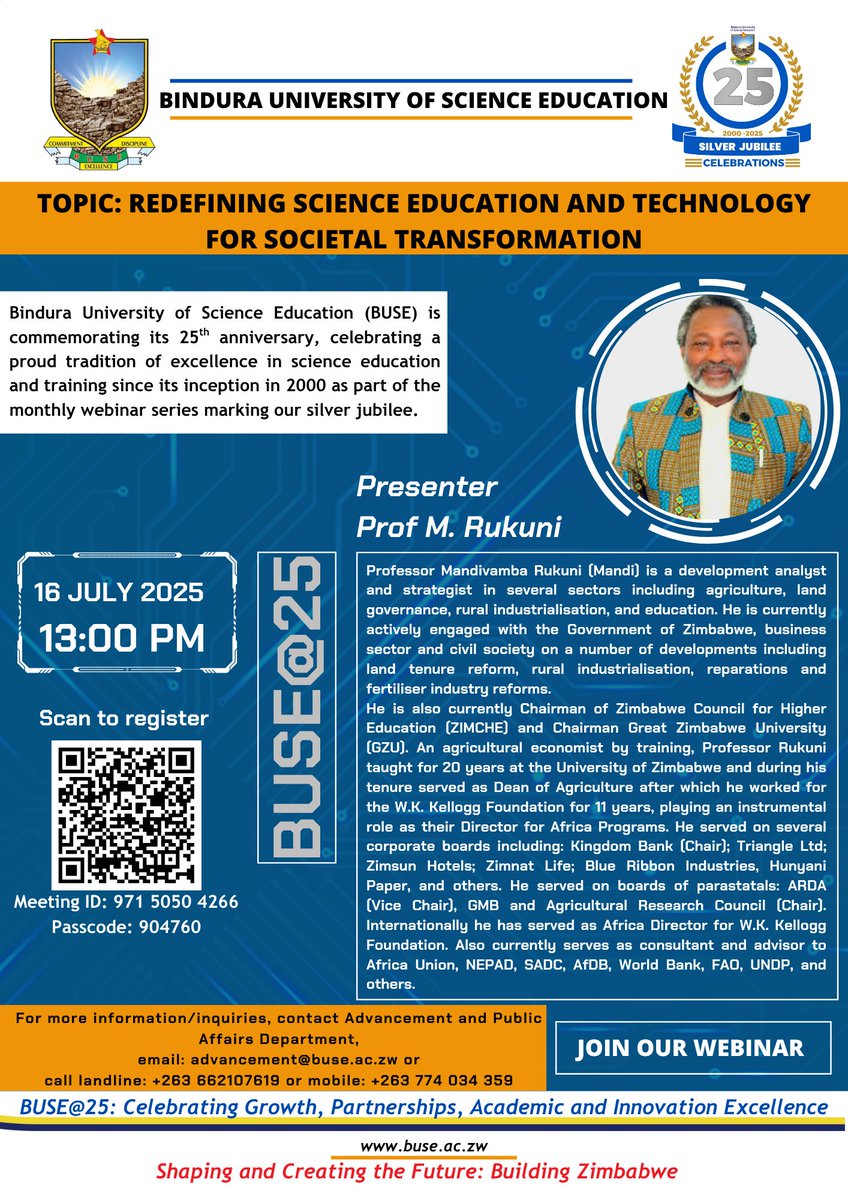 We are excited to invite you to an inspiring webinar: Redefining Science Education and Technology for Societal Transformation, featuring the distinguished Prof M. Rukuni.
Discover bold ideas that challenge convention and empower change. Whether you're new to the field or