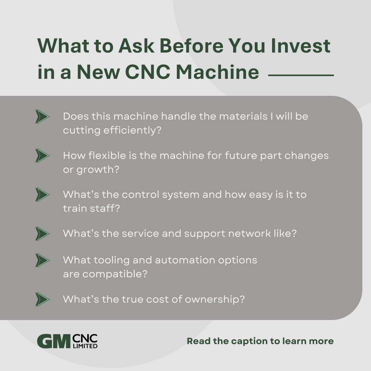GMCNCLtd's tweet image. Ask These 6 Key Questions before buying a CNC machine
Can it handle your materials?
Will it grow with your business?
Is the control system user-friendly?
What’s the support like?
Can it be automated?
What’s the real cost of ownership?
📞0161 401 8880
✉️info@gm-cnc.com