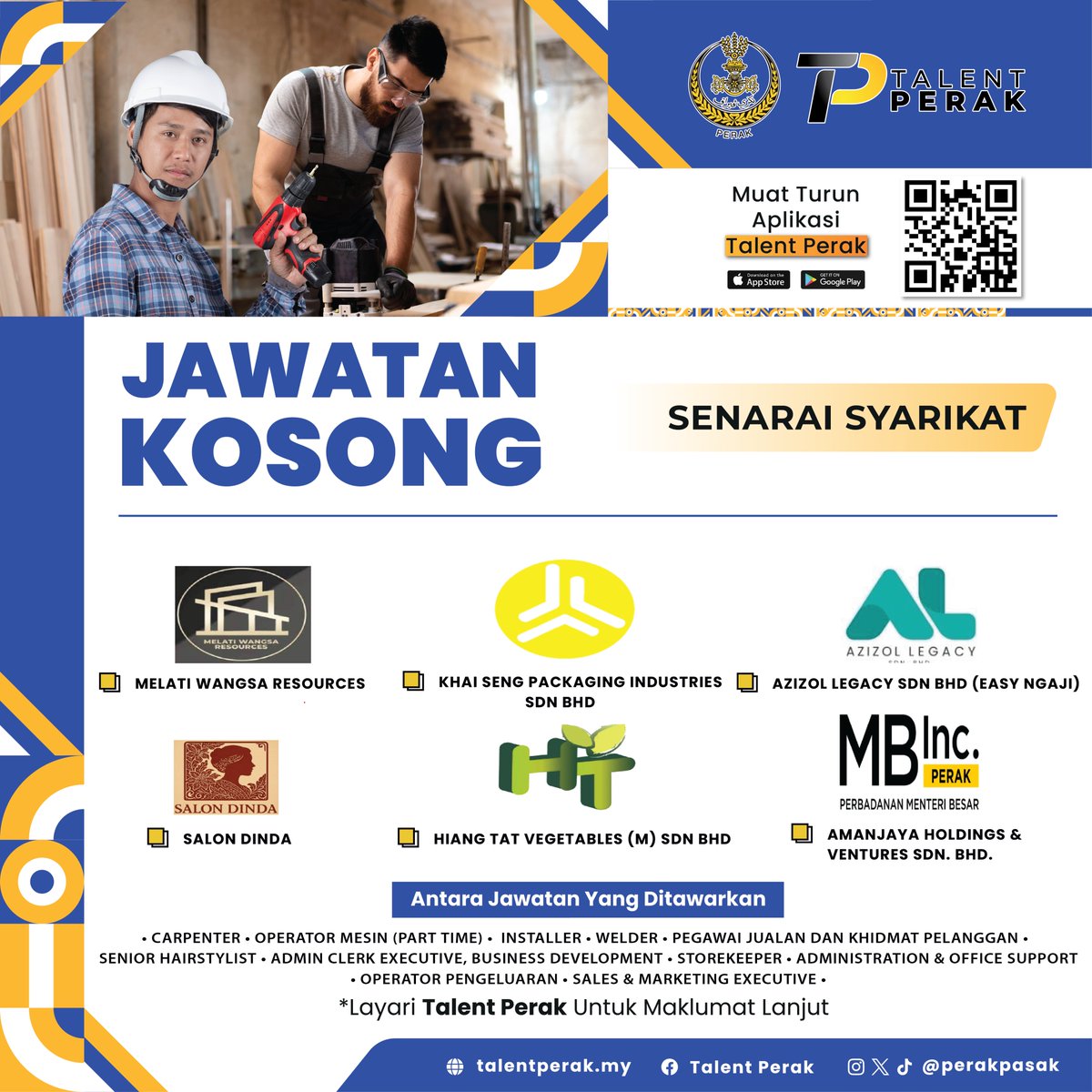 𝗝𝗔𝗪𝗔𝗧𝗔𝗡 𝗞𝗢𝗦𝗢𝗡𝗚!

Pelbagai peluang pekerjaan yang menarik ditawarkan untuk anda di syarikat-syarikat ini.

Jangan terlepas &amp; hantar permohonan anda di aplikasi Talent Perak sekarang!

📲 Google Play Store: play.google.com/store/apps/det…
📲 App Store: apps.apple.com/app/talent-per…