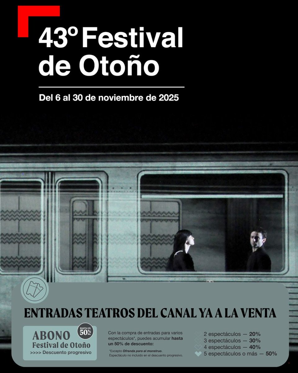 🚇¡Entradas @teatroscanal ya a la venta!
Esta edición en @teatroscanal con la compra de varios espectáculos puedes acumular hasta un 50% de descuento.

🎟️resto de espacios en septiembre
➡️madrid.org/fo/2025/

#MadridesCultura #festivalotono