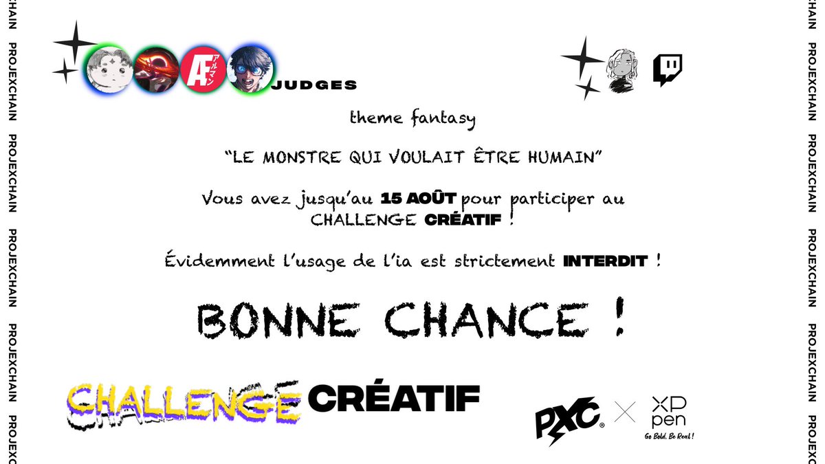 P.B Wayne (@alonewayne) on Twitter photo LE CHALLENGE CRÉATIF EN COLLABORATION AVEC <a href="/XPPentablette/">XPPen France</a> est lancé !
Theme : LE MONSTRE QUI VOULAIT ÊTRE HUMAIN !
Jury : <a href="/KezieDra/">Kezie (Garlic Plushie in bio)!✨</a> <a href="/armanderborio/">𝘼𝙍𝙈𝘼𝙉𝘿𝙊</a> <a href="/TruitosArt/">TruitosArt 🐟</a> <a href="/Blackholed/">Trou noir</a>
PRIX:
🥇 XP-PEN ARTIST 15.6 Pro V2
🥈 XP-PEN Pro MW
🥉 XP-PEN DECO L
Condition pour participer : Suivre LE CHALLENGE CRÉATIF EN COLLABORATION AVEC <a href="/XPPentablette/">XPPen France</a> est lancé !
Theme : LE MONSTRE QUI VOULAIT ÊTRE HUMAIN !
Jury : <a href="/KezieDra/">Kezie (Garlic Plushie in bio)!✨</a> <a href="/armanderborio/">𝘼𝙍𝙈𝘼𝙉𝘿𝙊</a> <a href="/TruitosArt/">TruitosArt 🐟</a> <a href="/Blackholed/">Trou noir</a>
PRIX:
🥇 XP-PEN ARTIST 15.6 Pro V2
🥈 XP-PEN Pro MW
🥉 XP-PEN DECO L
Condition pour participer : Suivre