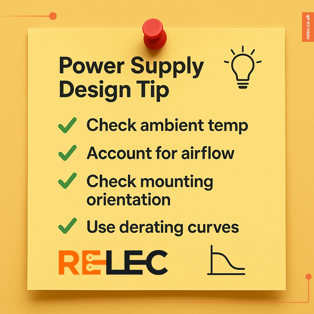 Always. Account. For derating. In power supplies.

Ambient temperature, airflow, and mounting orientation all impact power supply performance. 

Relec’s products like Advanced Energy's LCC1200 series, feature clear derating curves for various cooling methods.