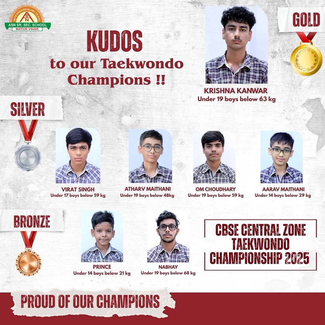 𝐒𝐨𝐚𝐫𝐢𝐧𝐠 𝐇𝐢𝐠𝐡: 𝐂𝐁𝐒𝐄 𝐂𝐞𝐧𝐭𝐫𝐚𝐥 𝐙𝐨𝐧𝐞 𝐓𝐚𝐞𝐤𝐰𝐨𝐧𝐝𝐨 𝐕𝐢𝐜𝐭𝐨𝐫𝐬!

We're incredibly proud of all our winners at the CBSE Central Zone Taekwondo Championship, which took place from July 11th to 14th, 2025. 

#asnschooldelhi <a href="/cbseindia29/">CBSE HQ</a>