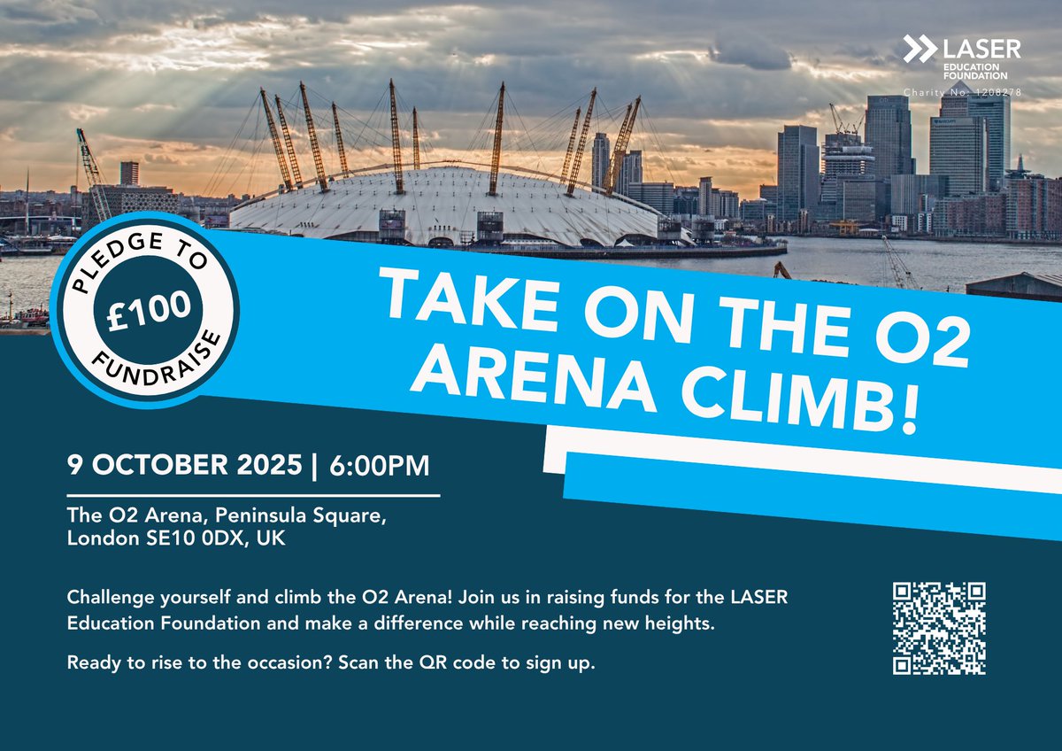 Fancy a challenge? 🩵
Why not set yourself a goal and sign up for our O2 Climb this October, all in support of the LASER Education Foundation!
Conquer the climb and help raise funds to change lives through education.
Sign up via our website 👉  lasereducation.org.uk/event-details/…
#O2Climb