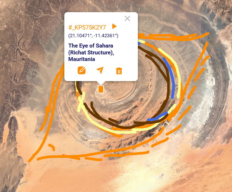 h2h_hood2hash's tweet photo. Now you can draw anything on the map. Your drawings stay attached and scale automatically as you zoom in or out. An example map of the Eye of Sahara (Richat Structure), Mauritania (https://t.co/IB0wdk9dEc) #_KP575K2Y7 #geocoding https://t.co/puaV3XwSIf