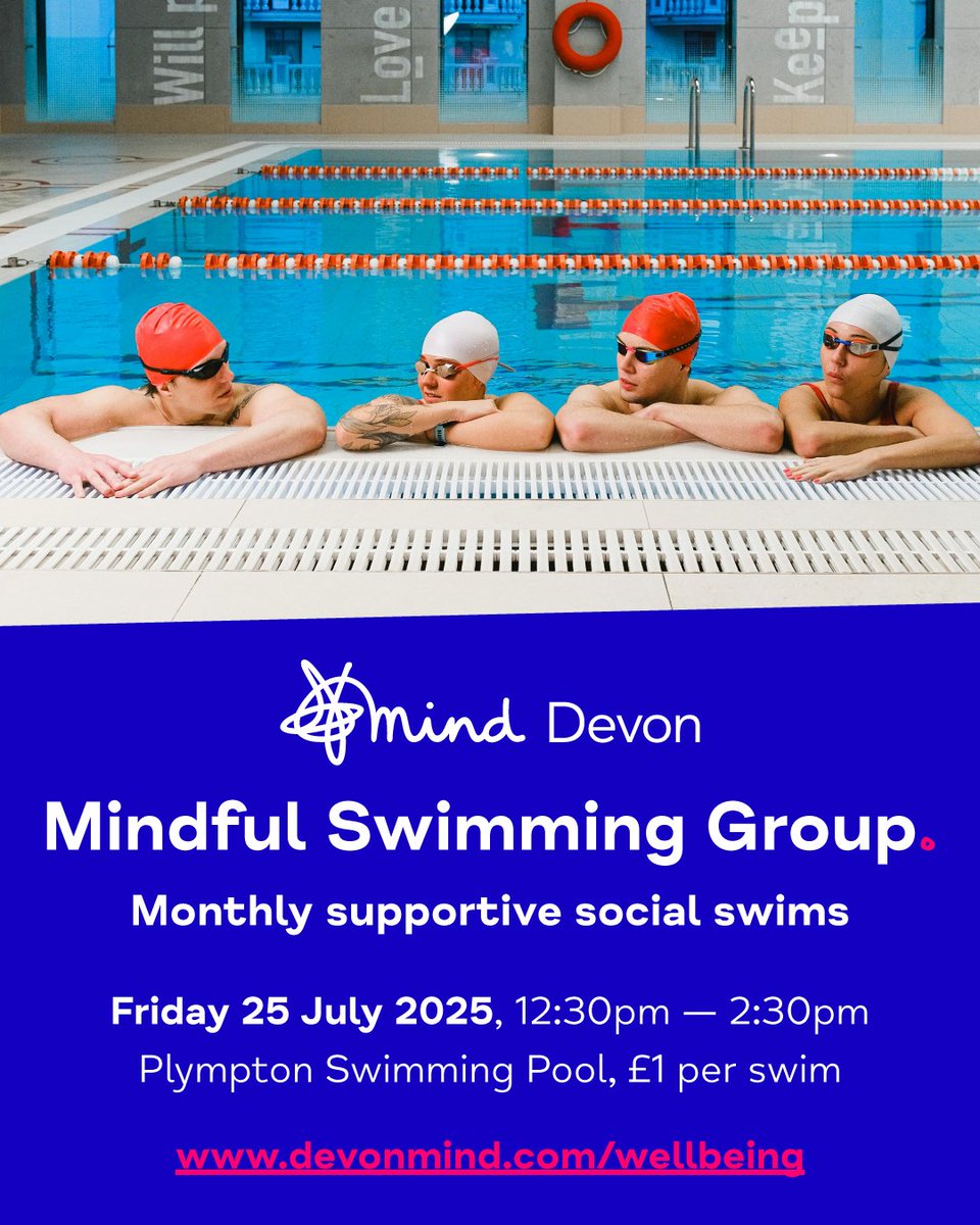 MindDevon's tweet image. Are you looking for some company swimming, or have you previously felt anxious about going swimming alone? Join our monthly supportive social swims. 🏊‍♀️

📆 Friday 25 July 2025
⏰ 12:30pm — 2:30pm
🗺️ #Plympton Swimming Pool

More info: loom.ly/Mkh4u7Q @ActivePlymouth
