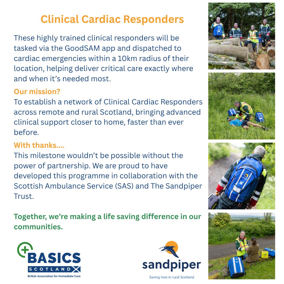 BASICS Scotland (@basicsscotland) on Twitter photo Our Clinical Cardiac Responders go live this month in remote and rural Scotland!
Tasked via @GoodSAMApp, they’ll attend cardiac calls within 10km of their location.
Proudly launched with <a href="/Scotambservice/">Scottish Ambulance</a> & <a href="/Sandpiper_Trust/">Sandpiper Trust</a> Our Clinical Cardiac Responders go live this month in remote and rural Scotland!
Tasked via @GoodSAMApp, they’ll attend cardiac calls within 10km of their location.
Proudly launched with <a href="/Scotambservice/">Scottish Ambulance</a> & <a href="/Sandpiper_Trust/">Sandpiper Trust</a>