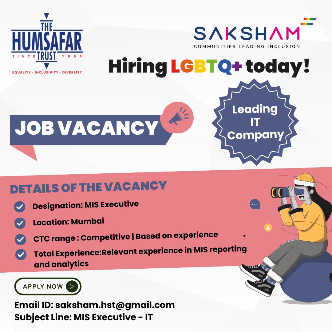 The Humsafar Trust (@humsafartrust) on Twitter photo Now hiring: MIS Executive in Kurla, Mumbai
IT company seeks LGBTQ+ candidates with skills in Excel, Power BI, SQL, Tableau
Apply: saksham.hst@gmail.com
Subject: Application for MIS Executive-IT
Supported by The Humsafar Trust
#LGBTQJobs #MISExecutive #DataCareers #InclusiveHiring Now hiring: MIS Executive in Kurla, Mumbai
IT company seeks LGBTQ+ candidates with skills in Excel, Power BI, SQL, Tableau
Apply: saksham.hst@gmail.com
Subject: Application for MIS Executive-IT
Supported by The Humsafar Trust
#LGBTQJobs #MISExecutive #DataCareers #InclusiveHiring