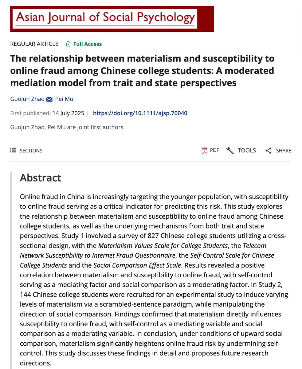 New on #AJSP
The relationship between materialism and susceptibility to online fraud among Chinese college students: A moderated mediation model from trait and state perspectives

Guojun Zhao, Pei Mu
doi.org/10.1111/ajsp.7…

Guojun Zhao, Pei Mu are joint first authors.
