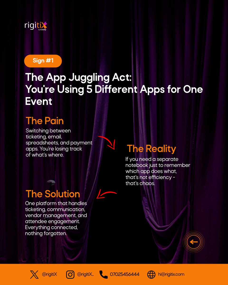 rigitiX's tweet photo. Is your event tech stressing you out?
Juggling apps & last-minute chaos? Swipe our carousel for 5 signs you need better tools. rigitiX makes ticketing & comms a breeze! 🚀 #rigitiX #EventTech #YourEventLifeSimplified https://t.co/6Rj3hIaZVm