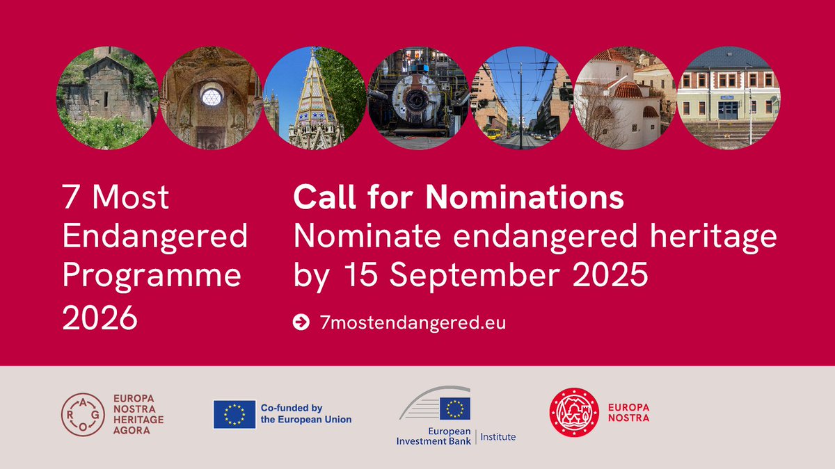 Europa Nostra (@europanostra) on Twitter photo 📢Nominations for the #7MostEndangered Programme 2026 are open! Run by Europa Nostra with the support of <a href="/EIBINSTITUTE/">EIB INSTITUTE</a> & <a href="/europe_creative/">Creative Europe</a>, #7ME is a key civil society initiative dedicated to saving Europe’s heritage at risk
Find out more & nominate online👉7mostendangered.eu/call-for-nomin… 📢Nominations for the #7MostEndangered Programme 2026 are open! Run by Europa Nostra with the support of <a href="/EIBINSTITUTE/">EIB INSTITUTE</a> & <a href="/europe_creative/">Creative Europe</a>, #7ME is a key civil society initiative dedicated to saving Europe’s heritage at risk
Find out more & nominate online👉7mostendangered.eu/call-for-nomin…