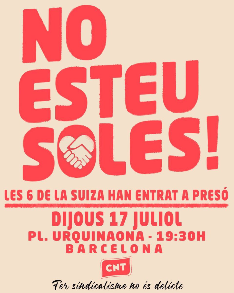 🔴 És imprescindible que fem front comú davant els atacs de la patronal, que ens vol explotades, callades i obedients, i una administració i sistema judicial còmplice.

📌 16.07 18h | Davant FCC, justícia per la Montse

📌 17.07 19:30h | Pl. Urquinaona, suport a <a href="/6delaSuiza/">6 de la Suiza</a>