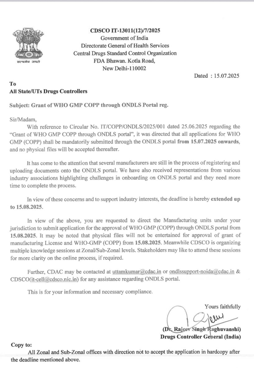 CDSCO_INDIA_INF's tweet image. CDSCO extends deadline for mandatory filing of applications for issue of WHO GMP/CoPP till 15th Aug 2025. However, those already registered may file their applications voluntarily.