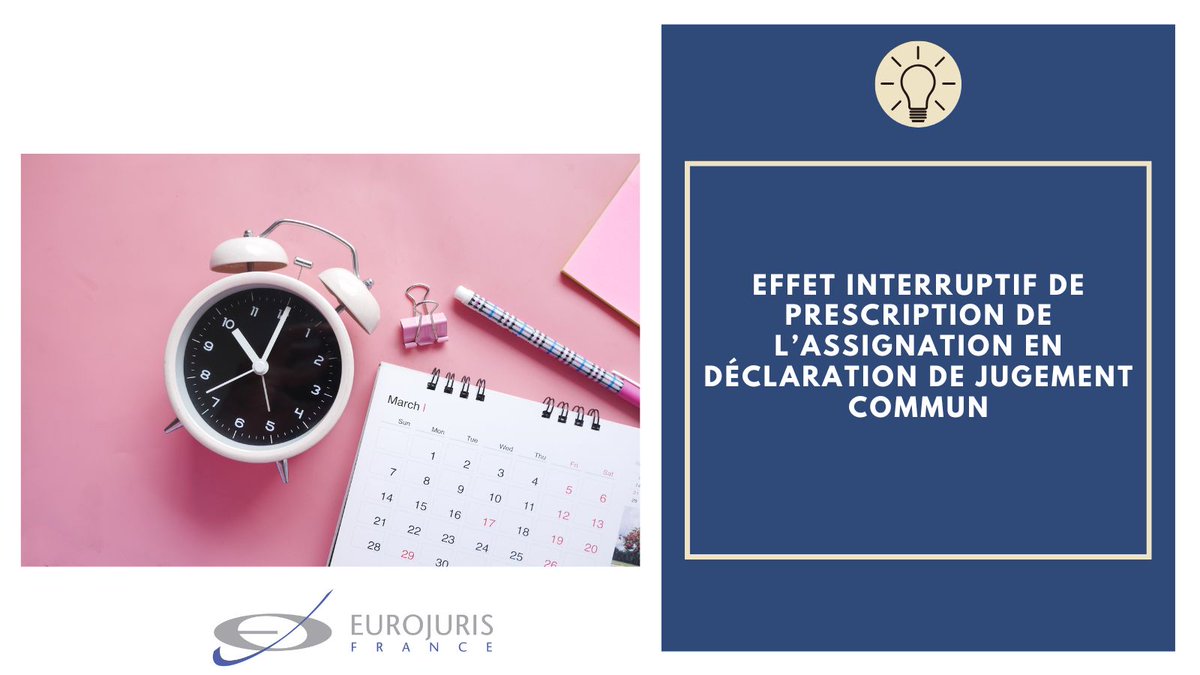 EUROJURISFR's tweet image. 📖 -ARTICLE-
Effet #Interruptif de #Prescription de l’#Assignation en déclaration de #Jugement commun
▶️ LIRE L’ARTICLE : bit.ly/44v5PwZ
#Eurojuris #ProcédureCivile