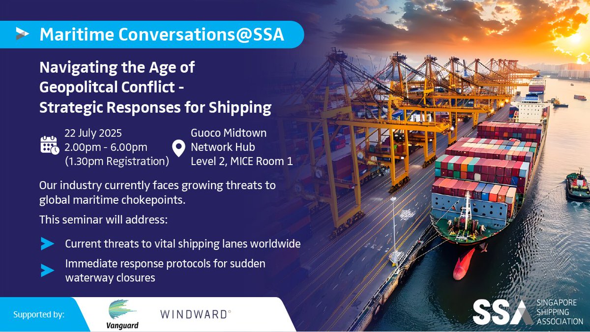 WindwardAI's tweet image. We’re sponsoring the @ssa_office upcoming Maritime Conversation & it’s one you won’t want to miss.
Windward’s Lionel Seah will join Gard’s Tan Wan Jing to explore how emerging threats to key sea lanes are reshaping maritime operations.
🔗ssa.org.sg/networking-eve…