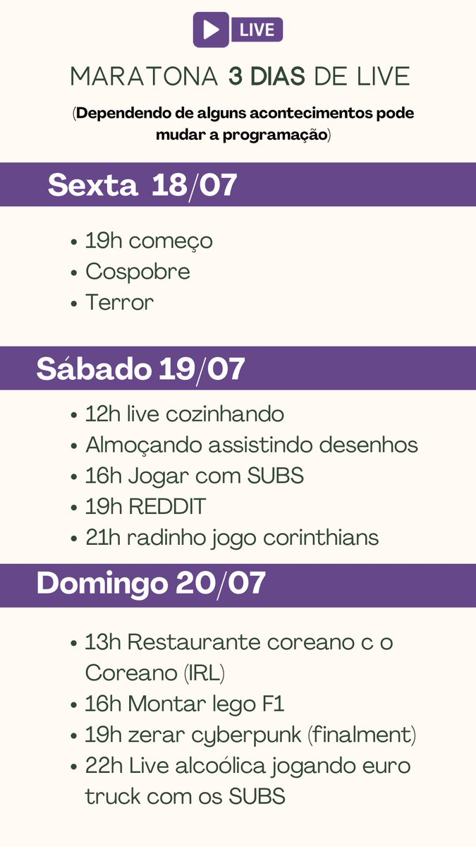 Amigos, para quem não pôde acompanhar a live de ontem, tenho uma novidade 🤔

Neste fim de semana vai rolar uma maratona especial: serão 3 dias seguidos de live! 😱

Vou deixar a programação  em imagem aqui: