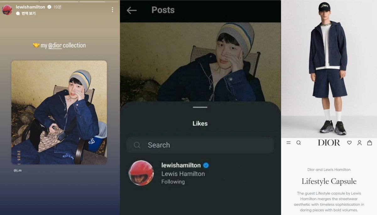 지민의 인스타그램 최근 사진에 Lews Hamilton이 "좋아요"를 누르고, 자신의 인스타그램 스토리에 공유하였습니다.

일곱 차례나 F1 세계 챔피언을 거머쥔 F1의 '살아있는 전설' Lewis Hamilton은 게스트디자이너로 디올과 협업했습니다.

지민은 Dior와 Lewis Hamilton이 협업한 '디올 라이프 스타일