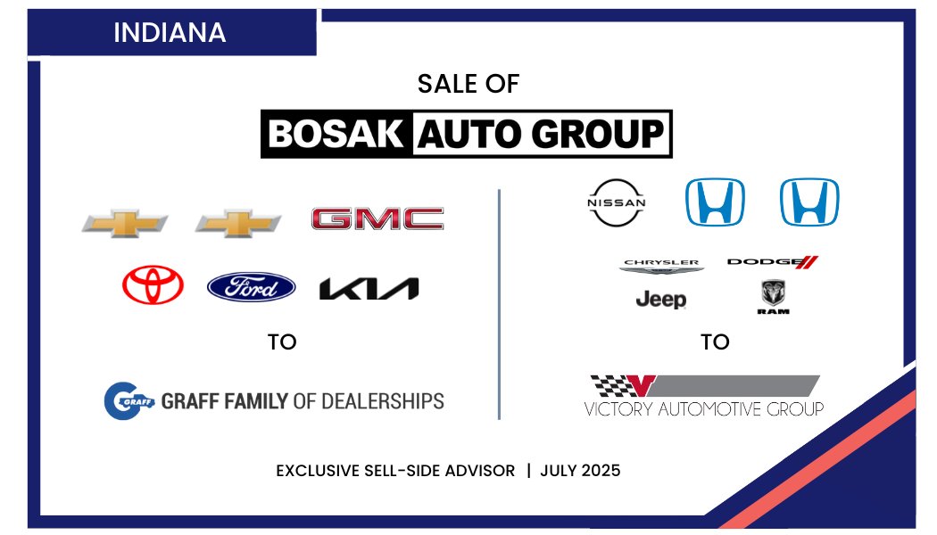 Transaction Announcement: Bosak Auto Group, a 100-year-old family business in NW Indiana, sold to Victory Automotive Group &amp; Graff Family of Dealerships. Haig Partners was proud to advise on this landmark deal — our 30th dealership sold in 2025.
hubs.la/Q03xhvwr0