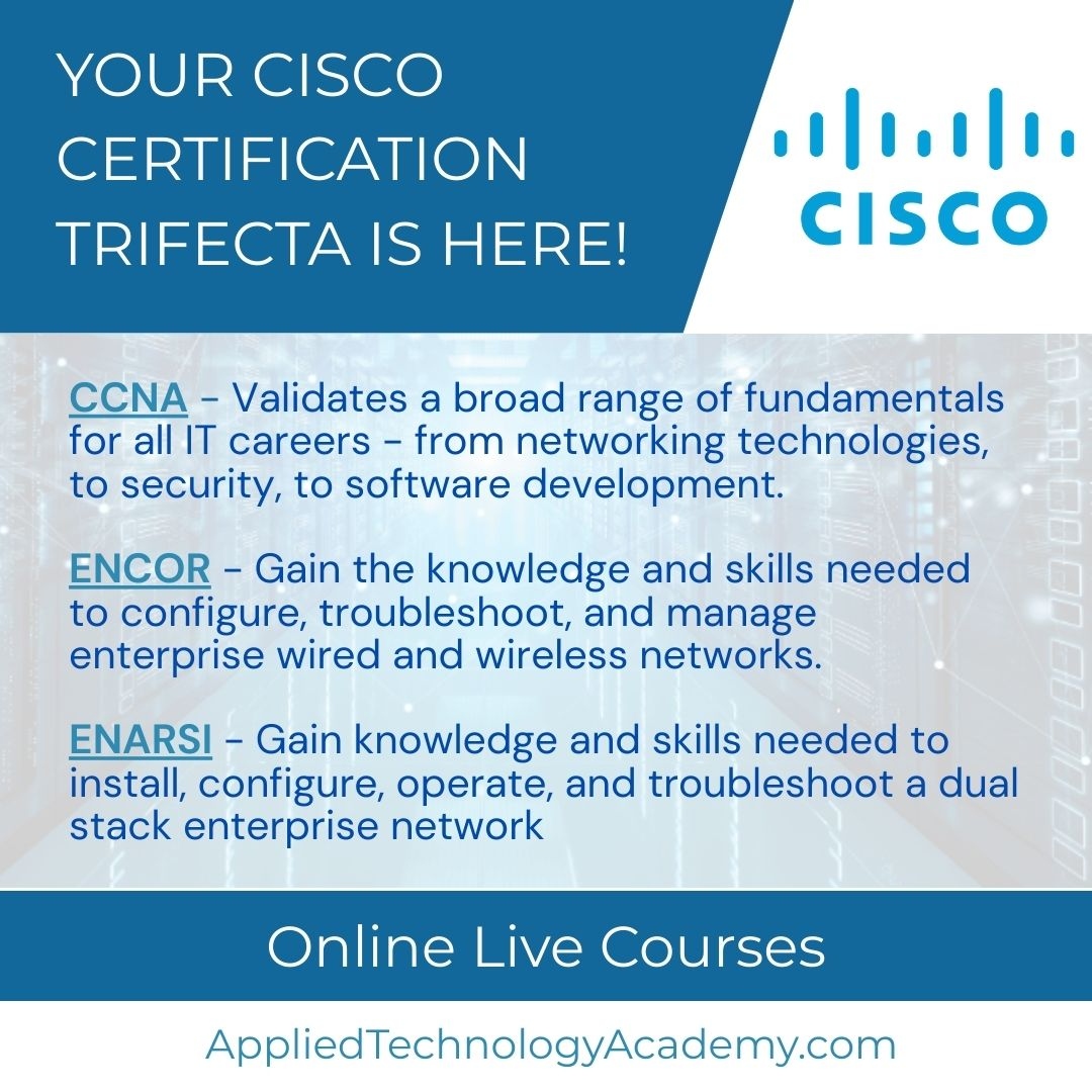 Master <a href="/Cisco/">Cisco</a>  networking with our certification trifecta! 

Start with CCNA, move to ENCOR, and specialize in ENARSI. Your journey to Cisco expertise begins here. 

Register for our courses today! 

CCNA - zurl.co/DR6NN 
ENCOR -zurl.co/qY9r8 
ENARSI -