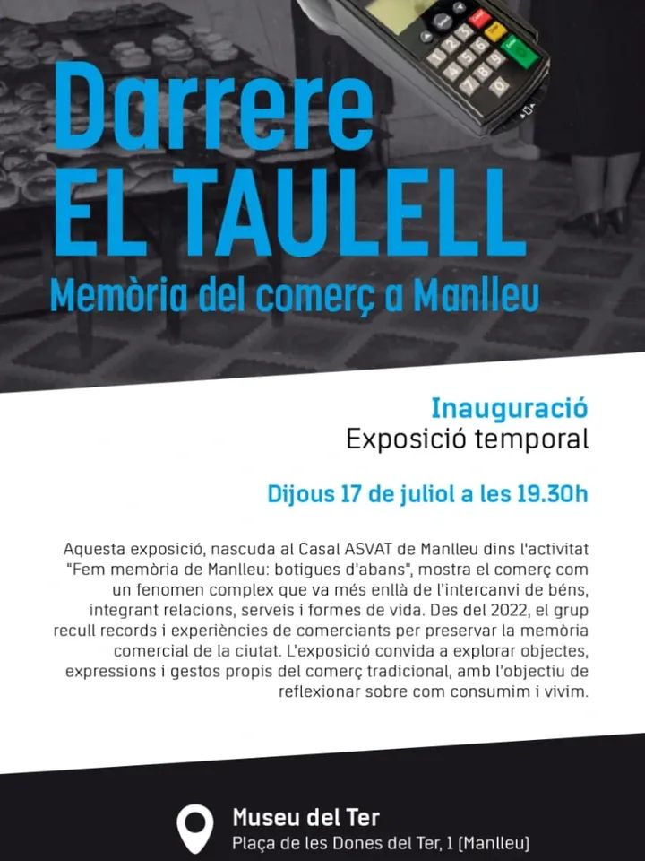Irene Llop Jordana (@irellopjor) on Twitter photo Dijous a 2/4 de 8 tothom al <a href="/museudelter/">Museu del Ter</a> L'exposició ens transportarà a les botigues de Manlleu i a la seva gent. Per a alguns, serà un viatge nostàlgic, per a d'altres, una descoberta. I segur que ens fara rumiar una mica sobre com es comprava abans i com es fa ara #ASVAT Dijous a 2/4 de 8 tothom al <a href="/museudelter/">Museu del Ter</a> L'exposició ens transportarà a les botigues de Manlleu i a la seva gent. Per a alguns, serà un viatge nostàlgic, per a d'altres, una descoberta. I segur que ens fara rumiar una mica sobre com es comprava abans i com es fa ara #ASVAT