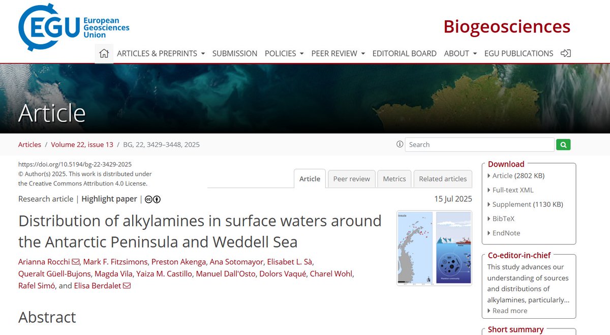 simolab_'s tweet image. Happy to share a new paper on alkylamines in Antarctic waters during the PolarChange 2023 cruise. TMA and DMA were the dominant species in seawater, TMA was virtually the only amine in particles. Nanoflagellates were the putative main source.

bg.copernicus.org/articles/22/34…