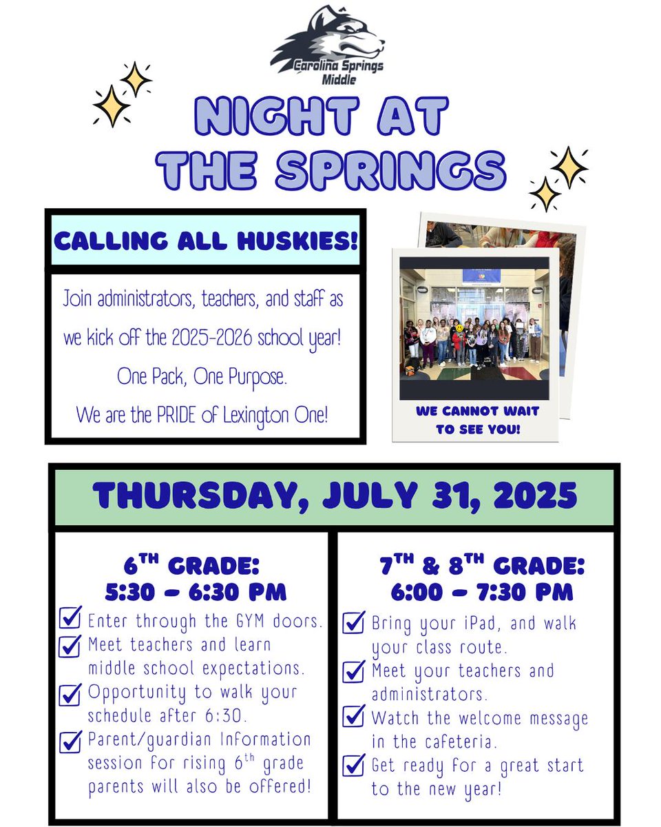 📣 Calling all Huskies!! Join us on Thursday, July 31 for Night at the Springs! #OnePackOnePurpose
ᐧ 6th grade ᐧ
⏰️ 5:30 - 6:30 PM, enter through the Gym

ᐧ 7th &amp; 8th grade ᐧ
⏰️ 6:00 - 7:30 PM, enter through the main entrance