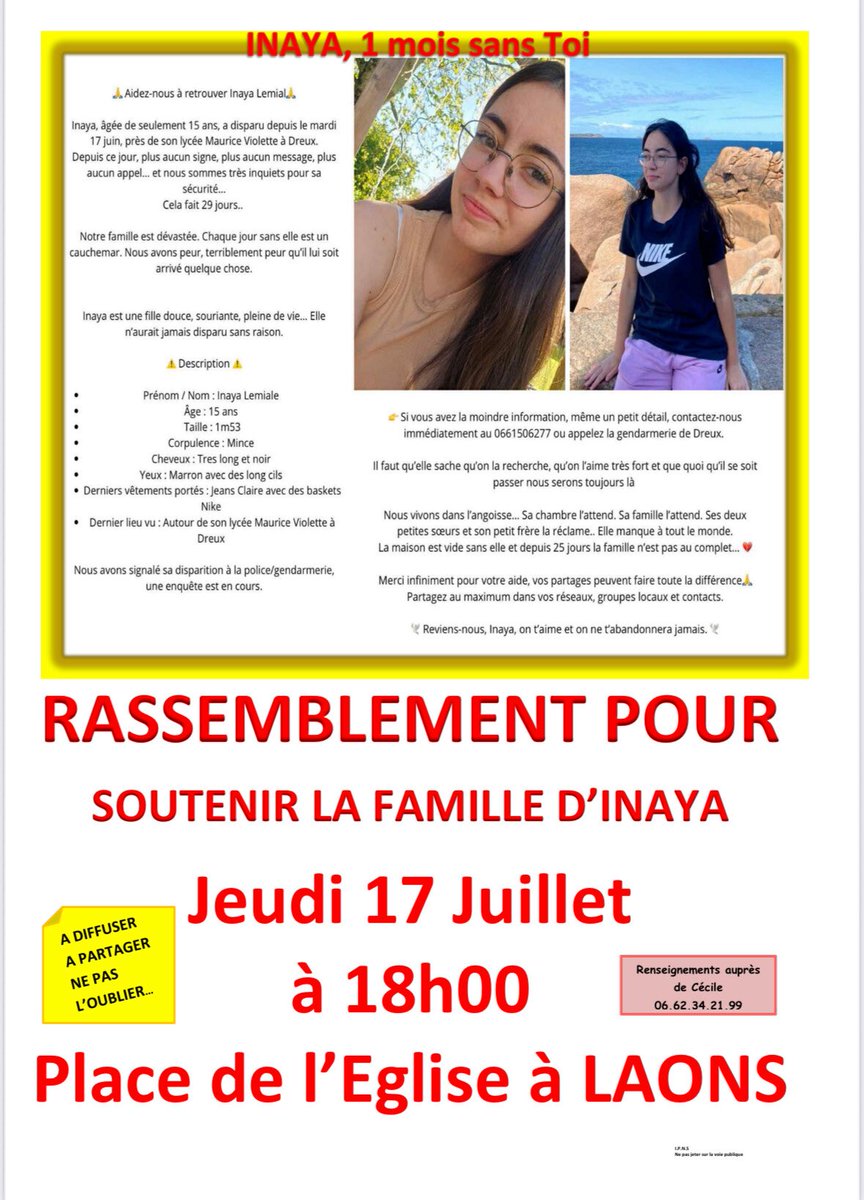 PascalGuenee's tweet image. Je sais qu'il a beaucoup de disparitions en France, mais Inaya une jeune fille de 15 ans de mon village en Eure et Loir a disparu depuis un mois. C'est arrivé en pleine journée près de son lycée à Dreux le 17 juin. Il faut la retrouver. #disparition