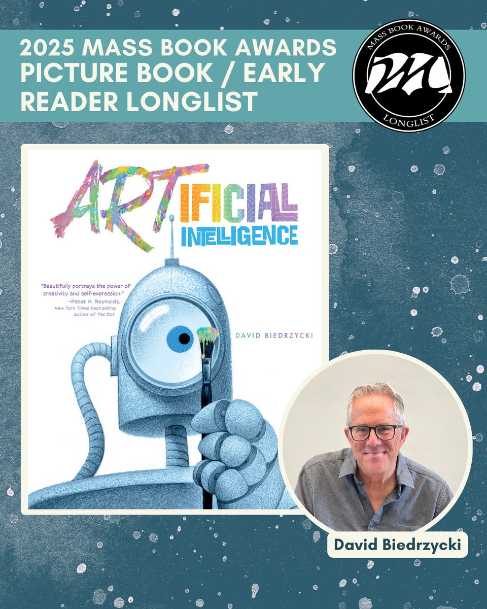 MassBook's tweet image. Today we highlight Picture Book/Early Reader Longlist title ARTificial Intelligence by David Biedrzycki. Robot is sent off for reprogramming, he takes a wrong turn and ends up encountering music, dancing, and ART! @artofdavid