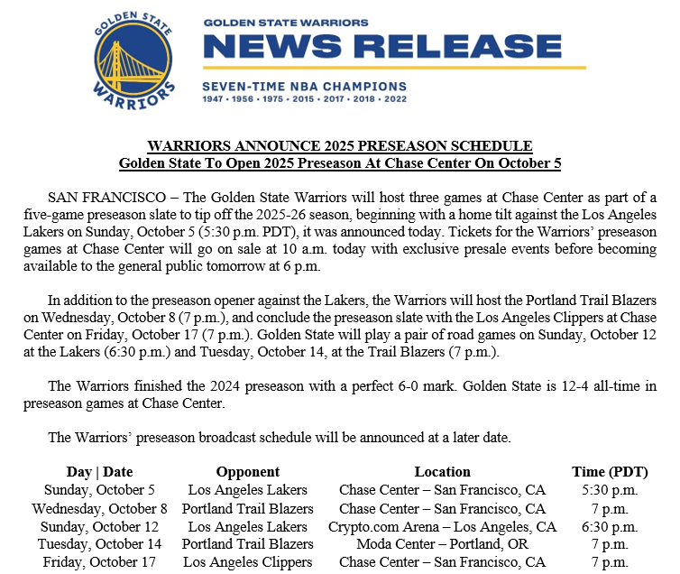 Warriors announce 2025 preseason schedule: