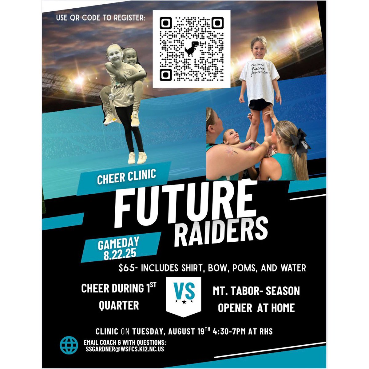 It’s TIMEEEEE ⌚️ for our annual future Raider cheer clinic! You have 3 weeks to register!
