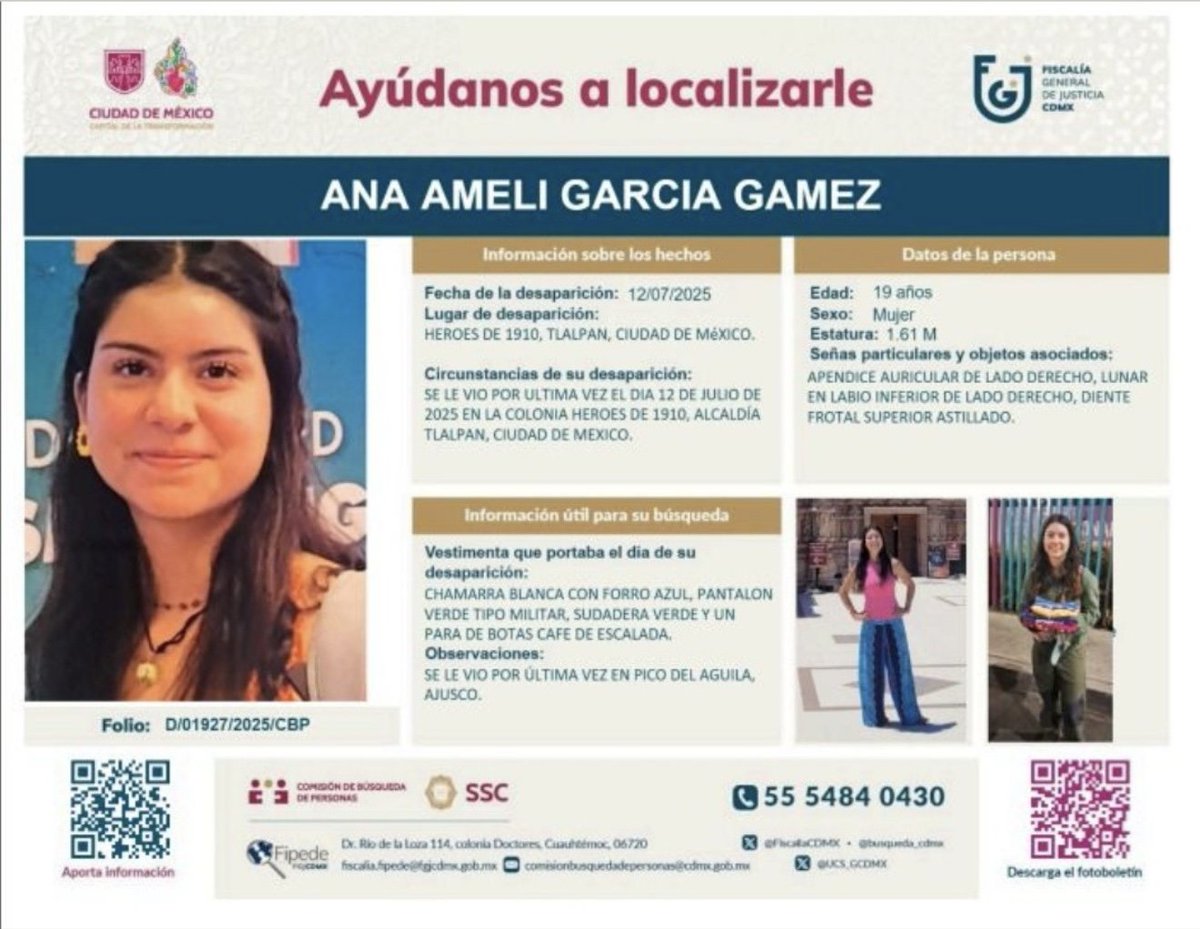 Ayuda por favor. Ana Ameli está desaparecida.

Es una hija de una amiga. Tiene 19 años de edad. La última vez que la vieron fur en Pico del Águila, por el Ajusco. Estaba haciendo senderismo.

Su familia está desesperada.