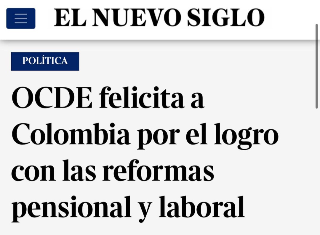 #ATENCIÓN

La OCDE felicita a Colombia por su #ReformaPensional y #ReformaLaboral. Hemos dado una batalla durísima desde el Congreso para obtener estos logros, con debates y argumentos sólidos. ¡El país avanza en derechos! ✊🏾

La OCDE, es la organización de 38 países en el mundo