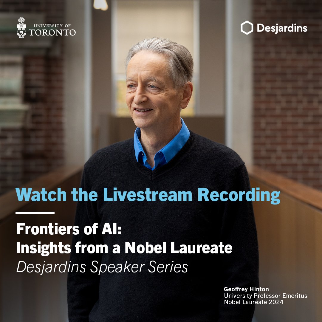 UofTStartup's tweet image. Professor Emeritus Geoffrey Hinton's keynote and fireside chat with Nick Frosst (@cohere) and Nora Young (@CBC) is now available to stream. 🎥
Watch the full recording of the @DesjardinsGroup Speaker Series here ➡️youtu.be/S4Tz7d0QOeE