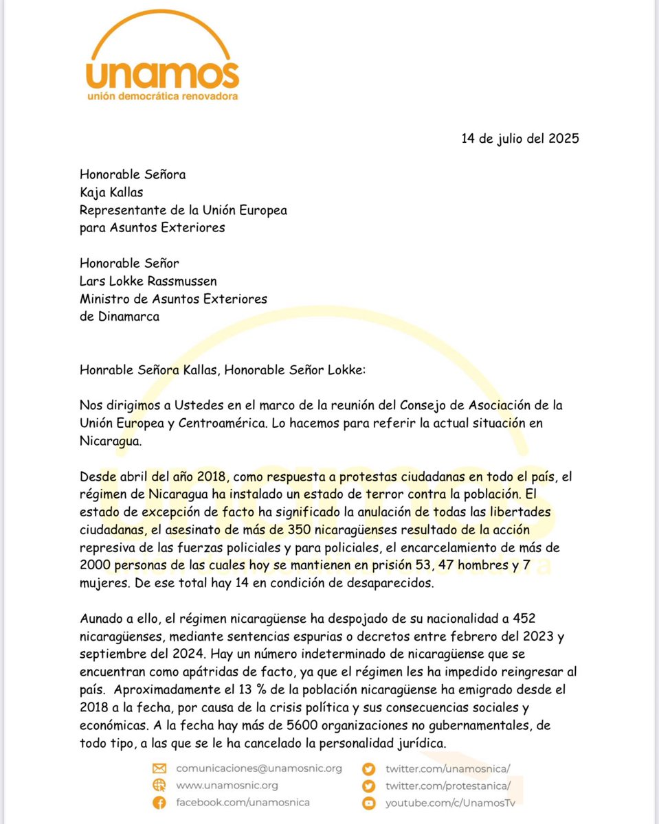 unamosnica's tweet image. 🟠 Carta enviada el día de ayer a @kajakallas, antes de la reunión de Asociación del Consejo de Asociación de la UE- CA.