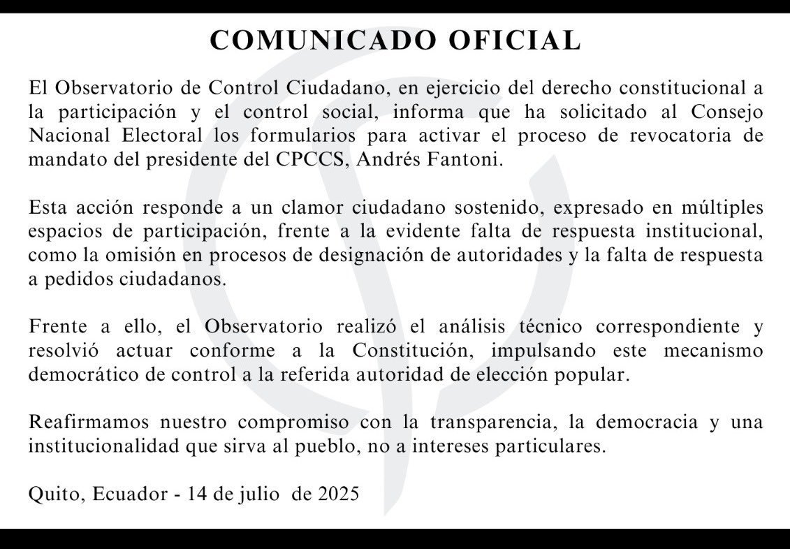 .<a href="/OCC_EC/">Observatorio Control Ciudadano EC</a>, Observatorio de Control Ciudadano mediante un comunicado da a conocer que se ha activado el proceso de revocatoria de mandato contra <a href="/AndresFantoniB/">ANDRÉS FANTONI</a>, presidente del <a href="/CpccsEc/">Participa Ecuador</a>, por presunto incumplimiento de funciones en los procesos de designación de autoridades.