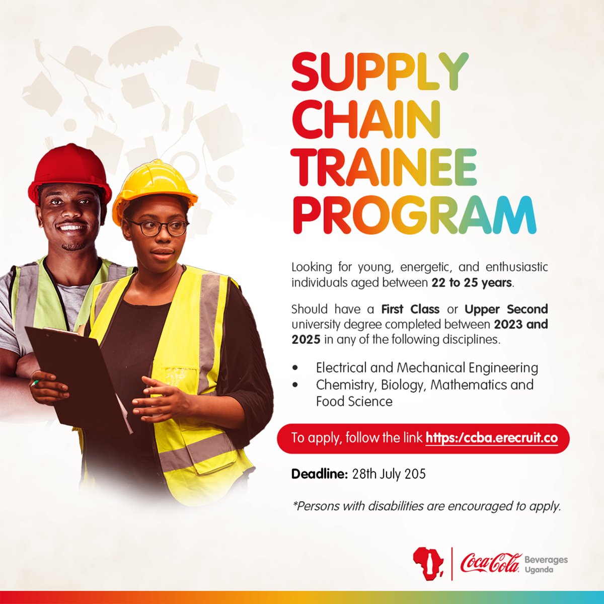 CocaColaBevUg's tweet image. This could be the beginning of something big.
If you’re a recent graduate passionate about Science, Electrical and Mechanical Engineering, Chemistry, Biology, Mathematics or Food Science, this opportunity is for you.
Coca-Cola Beverages Uganda is looking for young, talented…