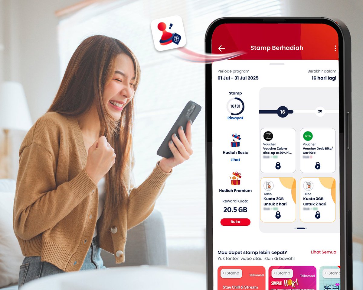 MyTelkomselApp's tweet image. Udah pada ngumpulin stamp berapa hari ini? Kalau belum mulai, ini waktu yang pas buat mulai! Langsung buka aplikasi MyTelkomsel dan kumpulin stamp-nya sekarang 💪
